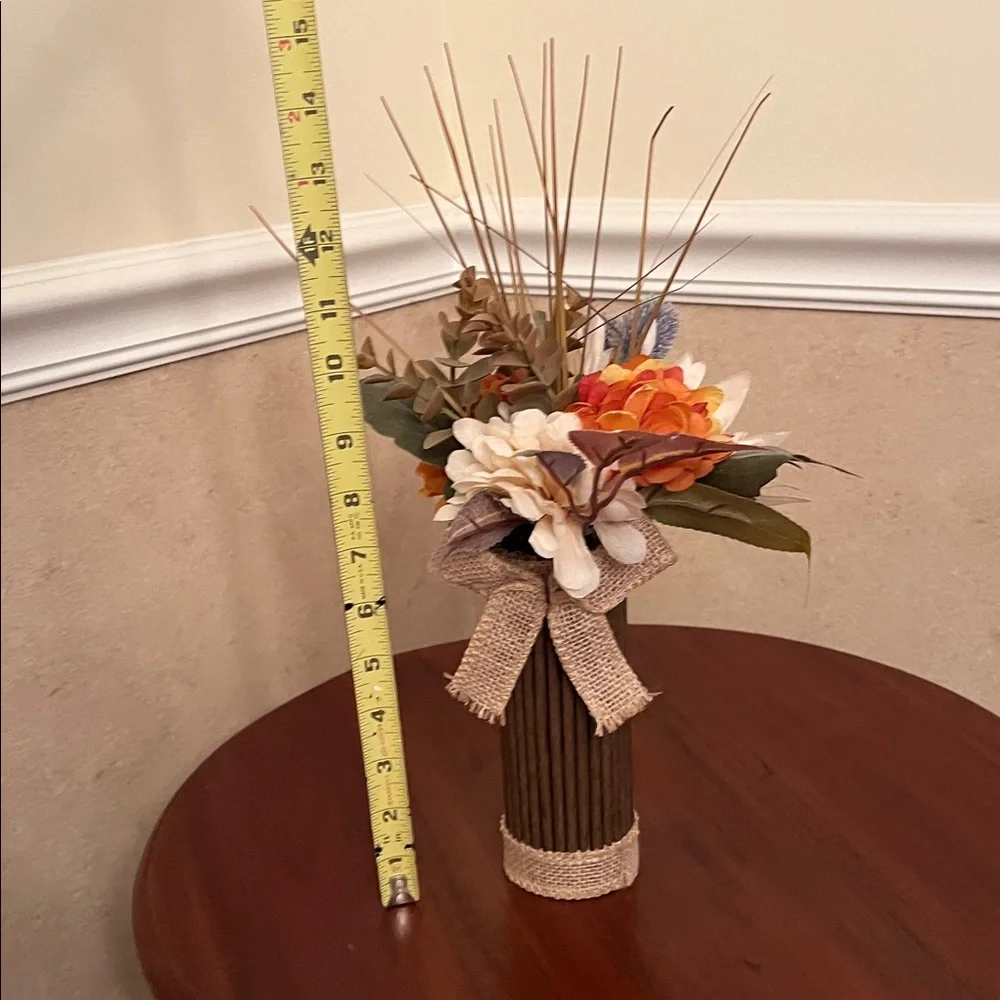 15” Rustic Fall Floral Arrangement in Twig Vase with Burlap Accent – NEW